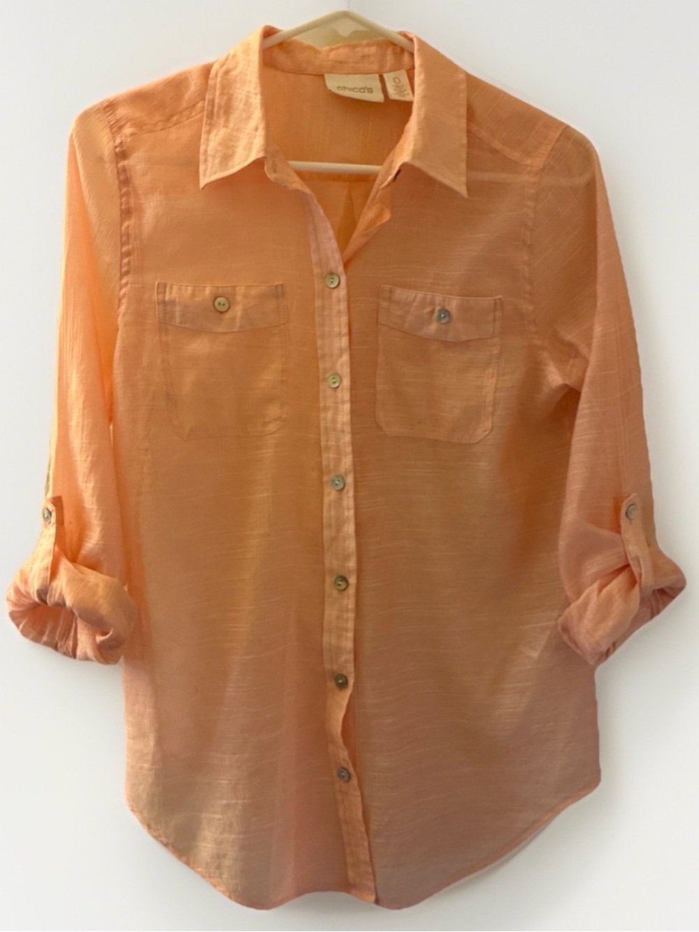 EUC Chico's Peach-Orange Sheer Lightweight Button Blouse Sz0 Small (4/6)